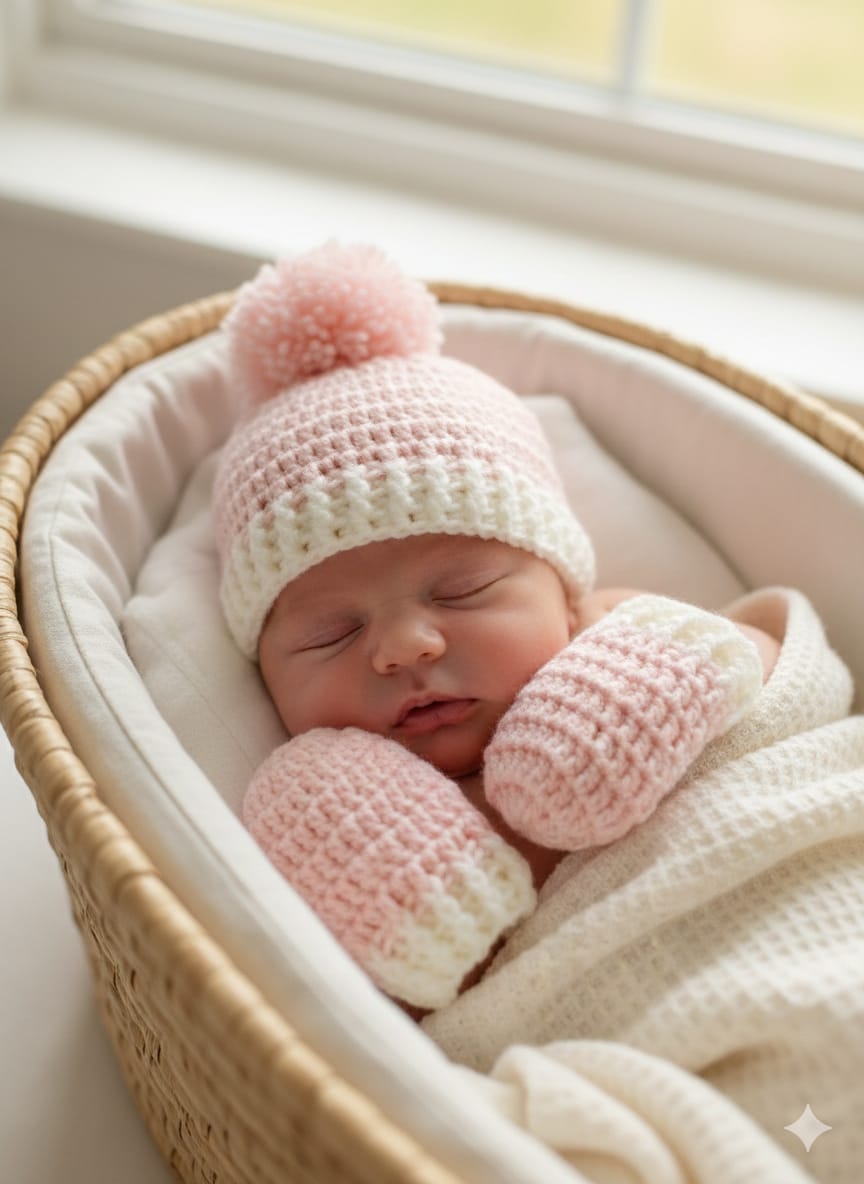 طقم طاقية وجوانتى للبيبى كروشية