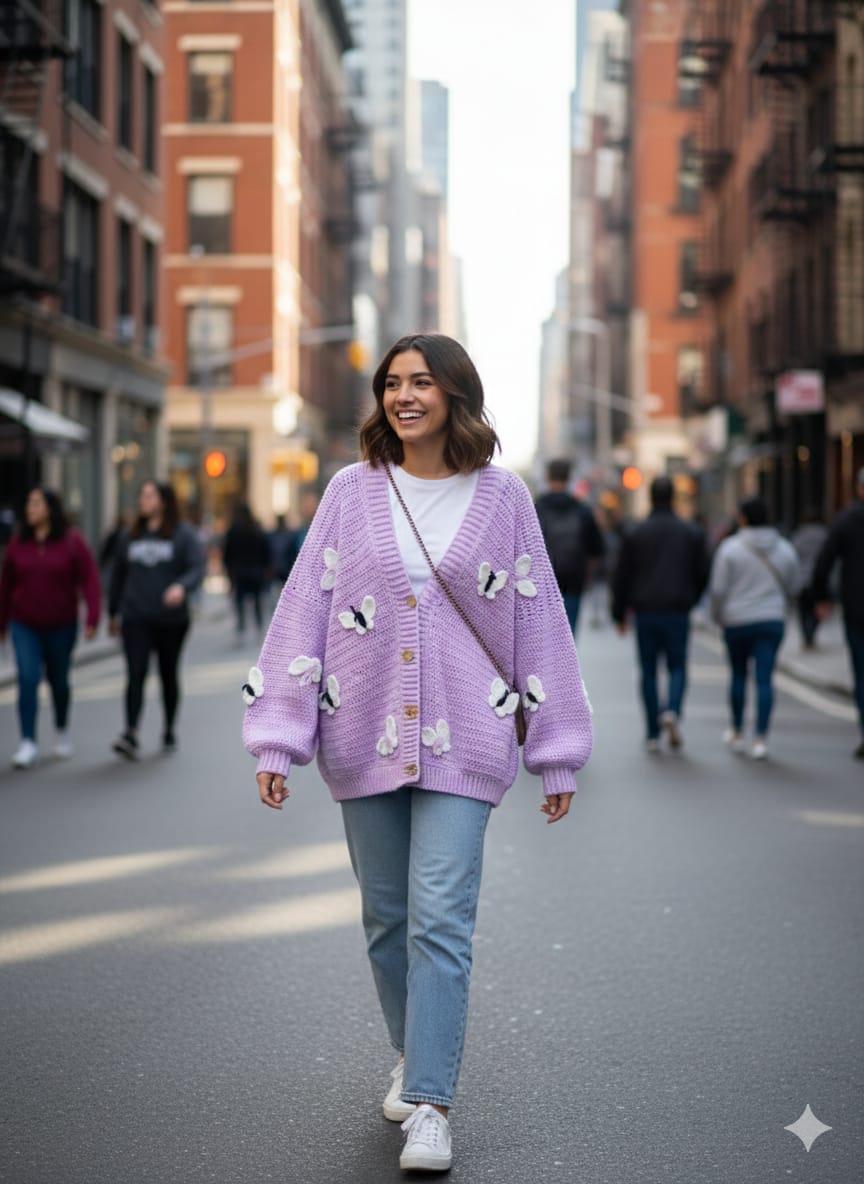 كارديجان كروشية لافندر بالفراشات يدوي