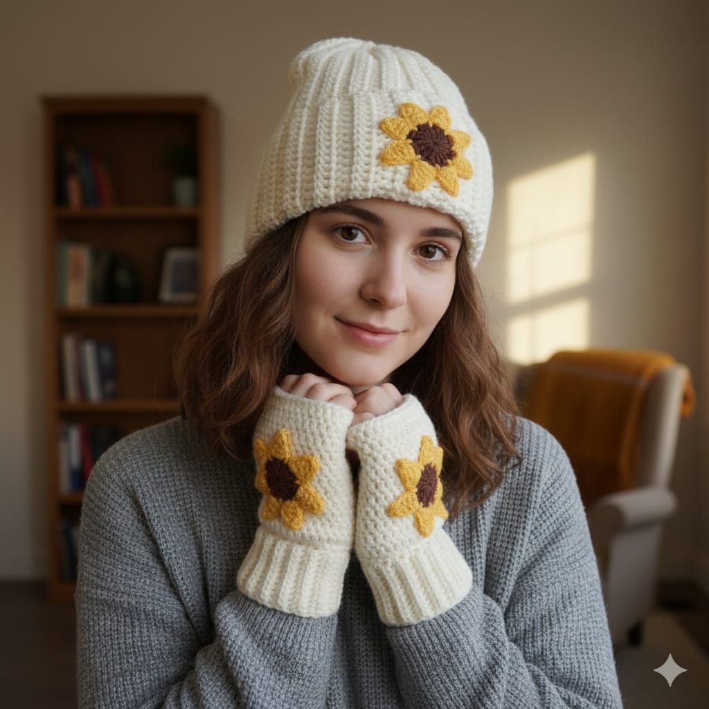 جوانتى وطاقية صن فلاور كروشية يدوي