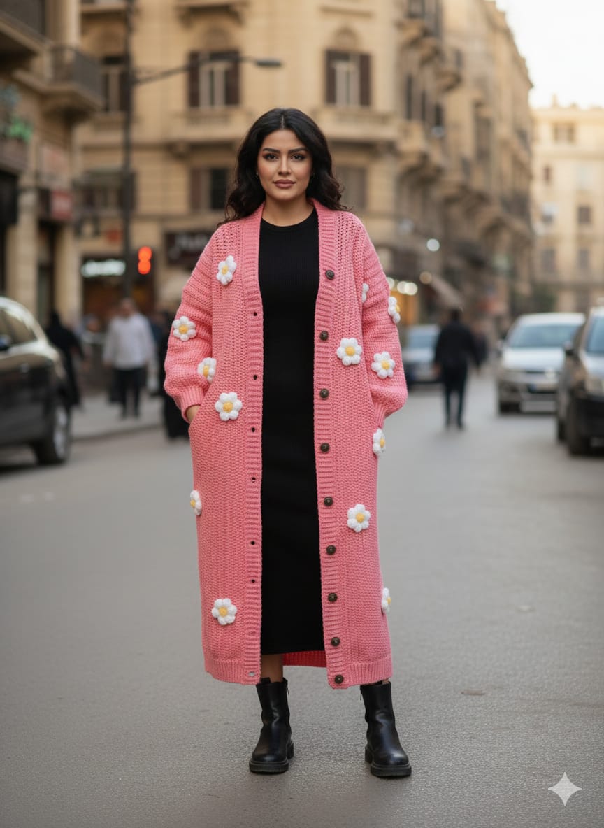 جاكت صوف نسائى طويل كروشية هاندميد